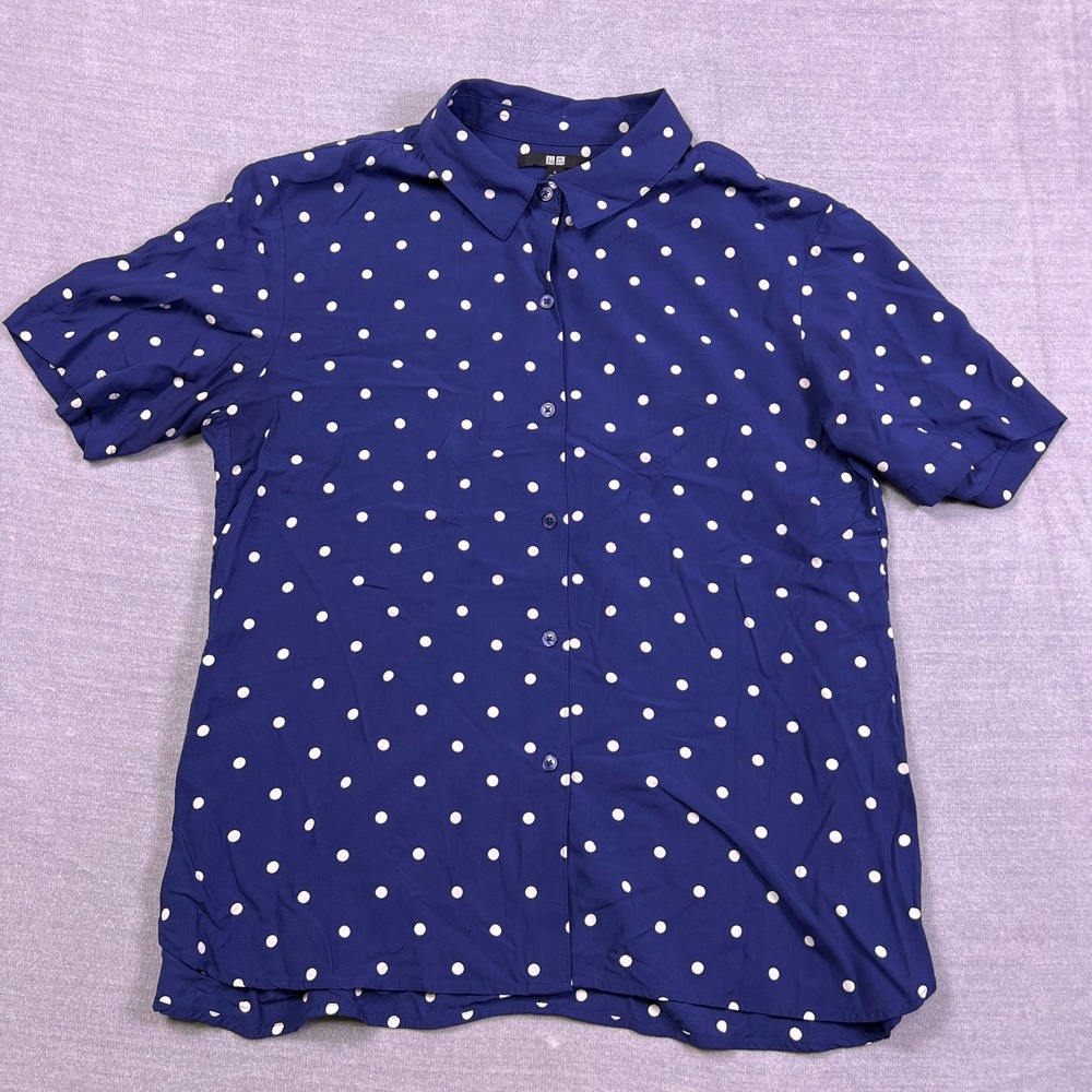 Uniqlo Rayon Polka Dot Short Sleeve Button Up Shirt Womens L Blue 100% Rayon